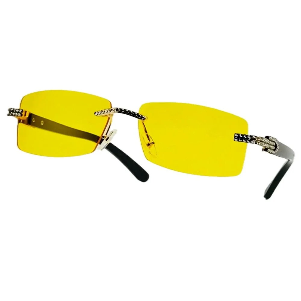 Rhinestone‎ Rimless Sunglasses Yellow Lens Fashion Tinted Glasses Trendy Rapper